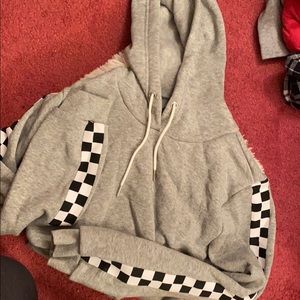 Cropped Checkered Sleeve Hoodie